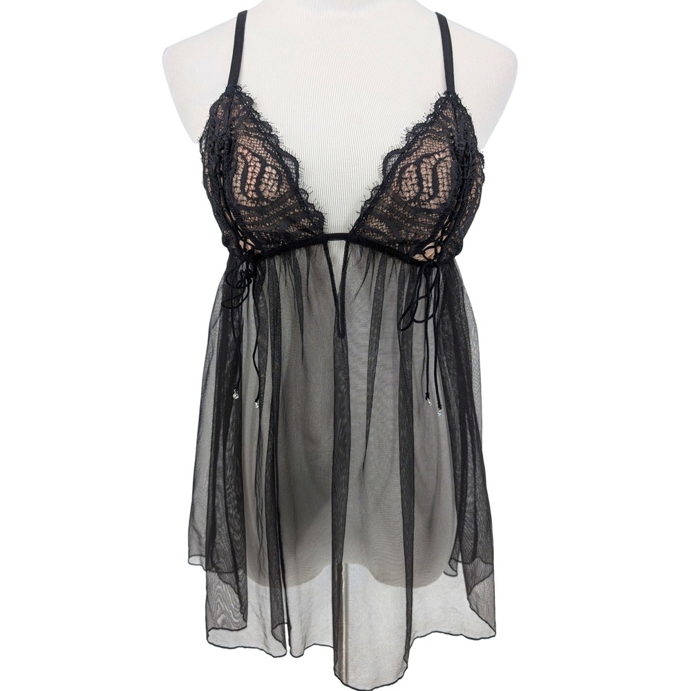 Y2K Victorias Secret Babydoll Cami L Black Sheer Lace Up Corset Rhinestone Goth
